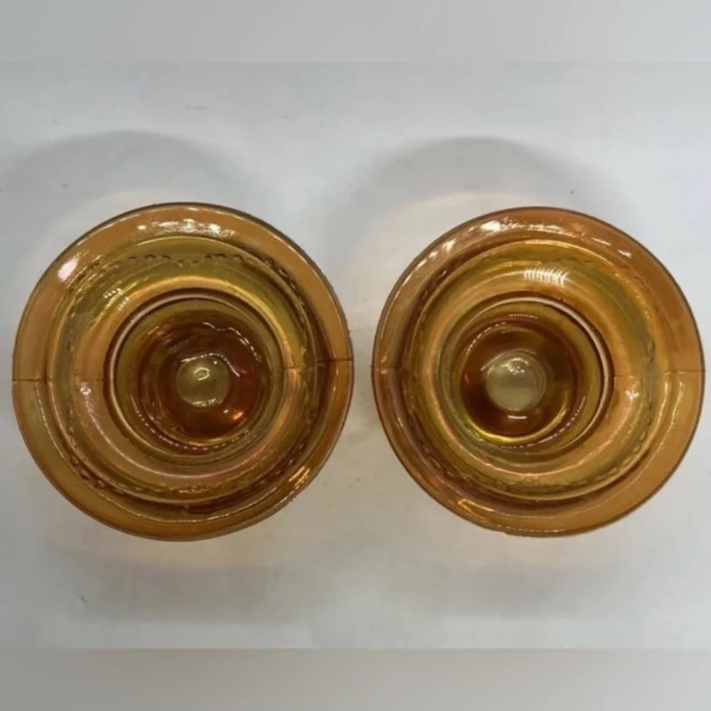 Pair Carnival Glass Federal Candle Holders Madrid Marigold